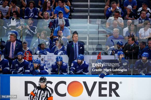 Head Coach Jon Cooper of the Tampa Bay Lightning and team reflect in the loss against the Washington Capitals during Game Seven of the Eastern...