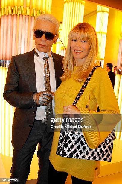 Karl Lagerfeld and Claudia Schiffer attend at the photocall during the Chanel Haute-Couture show as part of the Paris Fashion Week Spring/Summer 2010...