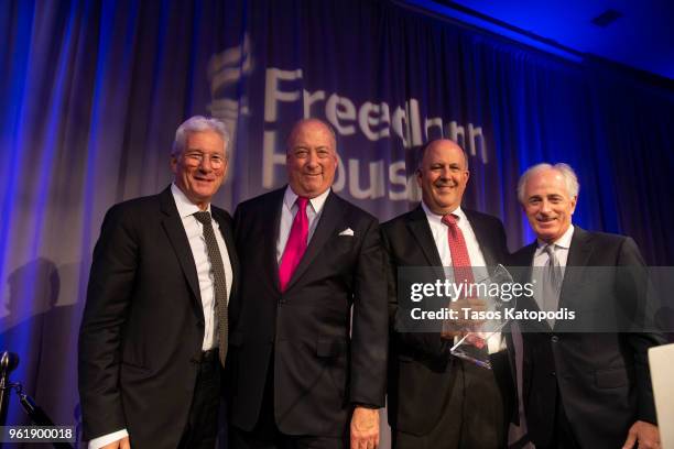 Richard Gere, D. Jeffery Hirschberg and Michael J. Abramowitz honor Senator Bob Corker at the Freedom House 2018 Annual Awards Dinner on May 23, 2018...