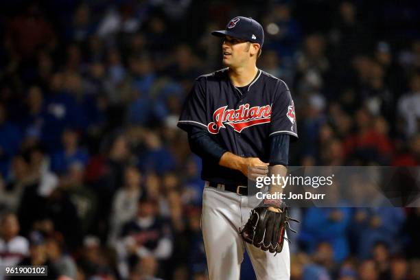 Adam Plutko of the Cleveland Indians reacts after losing his no hitter against the Chicago Cubs during the seventh inning on a double by Anthony...