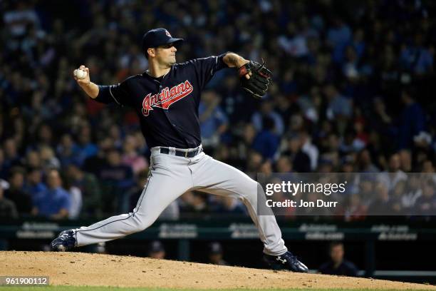 Adam Plutko of the Cleveland Indians pitches against the Chicago Cubs during the sixth inning at Wrigley Field on May 23, 2018 in Chicago, Illinois....