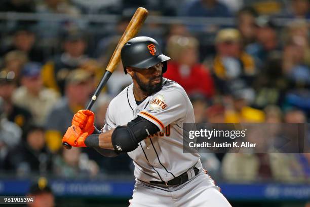 Austin Jackson of the San Francisco Giants in action against the Pittsburgh Pirates at PNC Park on May 11, 2018 in Pittsburgh, Pennsylvania. Austin...