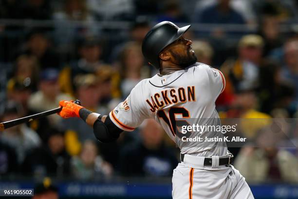 Austin Jackson of the San Francisco Giants in action against the Pittsburgh Pirates at PNC Park on May 11, 2018 in Pittsburgh, Pennsylvania. Austin...