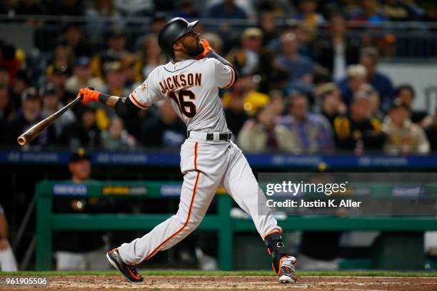 Austin Jackson of the San Francisco Giants in action against the Pittsburgh Pirates at PNC Park on May 11, 2018 in Pittsburgh, Pennsylvania. Austin...