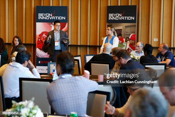 Jason Chung and Tobi Langsam of NYU School of Professional Studies address the delegates during the Beyond Innovation Summit at Levi's Stadium on May...