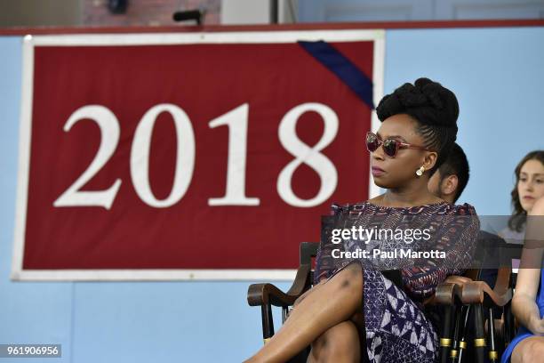 Writer Chimamanda Ngozi Adichie attends the Harvard College Class of 2018 Class Day Exercises and speaks at Harvard University on May 23, 2018 in...