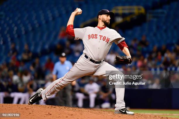 Matt Barnes of the Boston Red Sox throws a pitch in the seventh inning against the Tampa Bay Rays on May 23, 2018 at Tropicana Field in St...