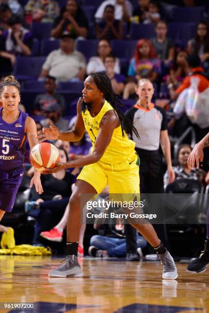 Crystal Langhorne of the Seattle Storm handles the ball against the Phoenix Mercury on May 23, 2018 at Talking Stick Resort Arena in Phoenix,...