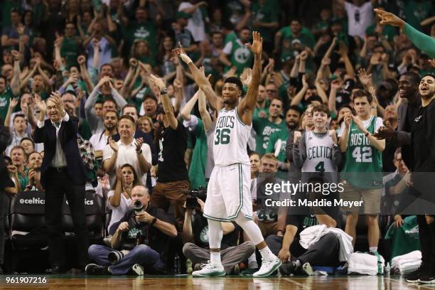 Marcus Smart of the Boston Celtics reacts in the second half against the Cleveland Cavaliers during Game Five of the 2018 NBA Eastern Conference...