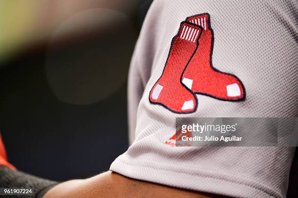 Detail of the Boston Red Sox logo on a jersey during the baseball game against the Tampa Bay Rays on May 23, 2018 at Tropicana Field in St...