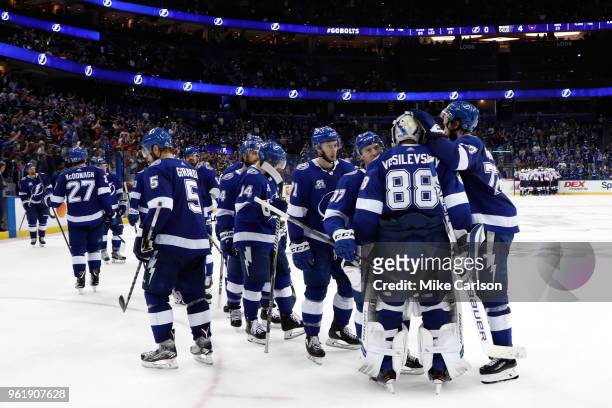 The Tampa Bay Lightning react after being defeated by the Washington Capitals in Game Seven of the Eastern Conference Finals during the 2018 NHL...