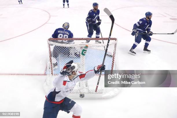 Andre Burakovsky of the Washington Capitals celebrates after scoring a goal against Andrei Vasilevskiy of the Tampa Bay Lightning during the second...