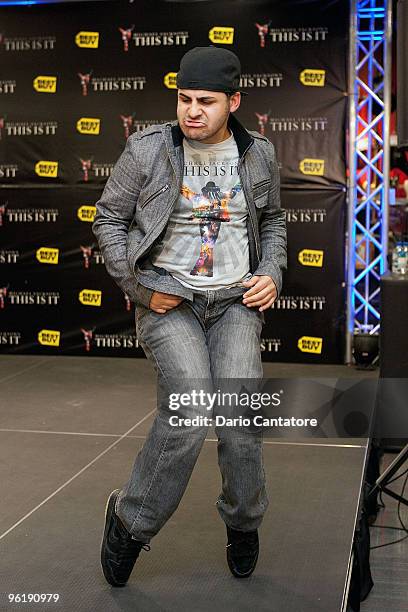 Michael Jackson impersonators attend the Michael Jackson's 'This Is It' midnight madness DVD release celebration at Best Buy on January 25, 2010 in...