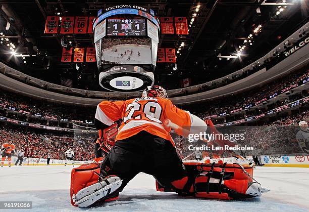 Ray Emery of the Philadelphia Flyers attempts to stop a shot on goal against the Pittsburgh Penguins on January 24, 2010 at the Wachovia Center in...