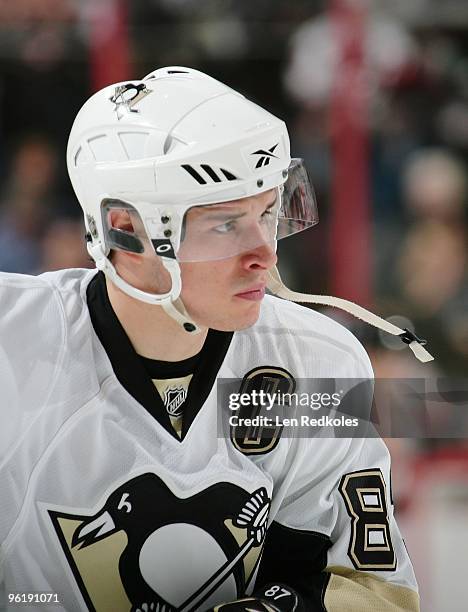 Sidney Crosby of the Pittsburgh Penguins looks on during the pregame warm ups against the Philadelphia Flyers on January 24, 2010 at the Wachovia...