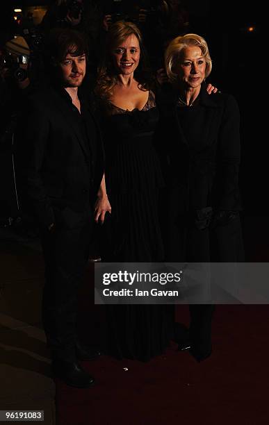 Actor James McAvoy, actress wife Anne-Marie Duff and actress Dame Helen Mirren attend the UK premiere of The Last Station at the Curzon Mayfair on...