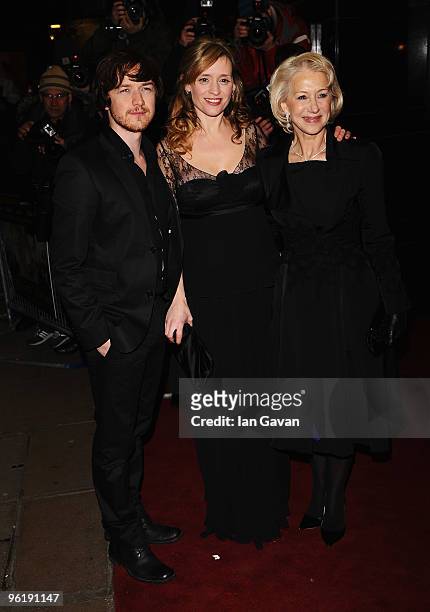 Actor James McAvoy, actress wife Anne-Marie Duff and actress Dame Helen Mirren attend the UK premiere of The Last Station at the Curzon Mayfair on...