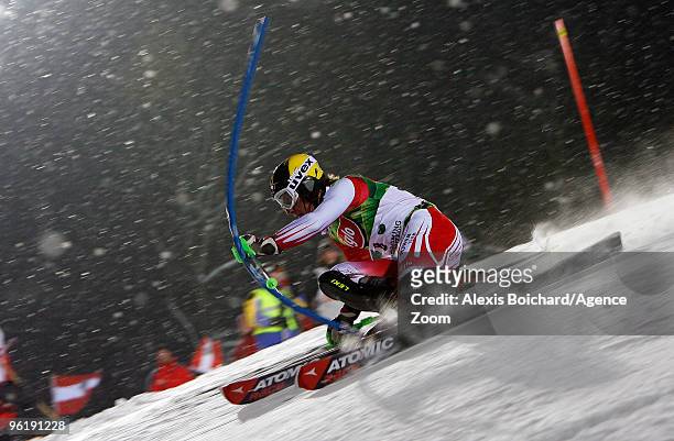 Marcel Hirscher of Austria during the Audi FIS Alpine Ski World Cup Men's Slalom on January 26, 2010 in Schladming, Austria.