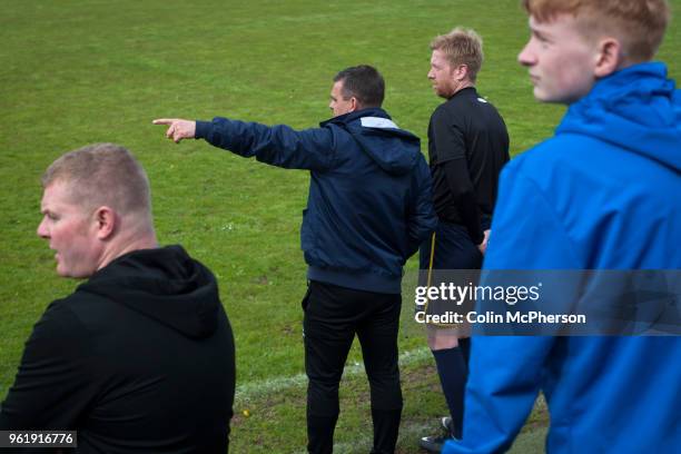 Home manager Carl Jarrett pointing something to his coach during the first-half at Mount Pleasant as Marske United take on Billingham Synthonia in a...