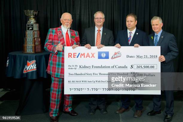 Don Cherry, Kurtis Krug of the Kidney Foundation of Canada, Jeremy Cossette of RE/MAX of Western Canada and WHL Commissioner Ron Robison present a...
