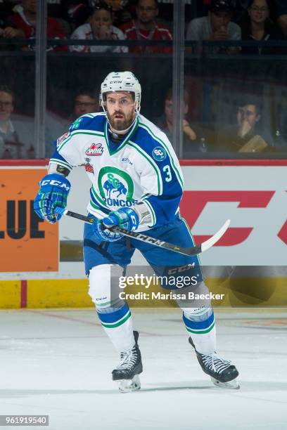 Josh Anderson of Swift Current Broncos skates against the Hamilton Bulldogs at Brandt Centre - Evraz Place on May 21, 2018 in Regina, Canada.
