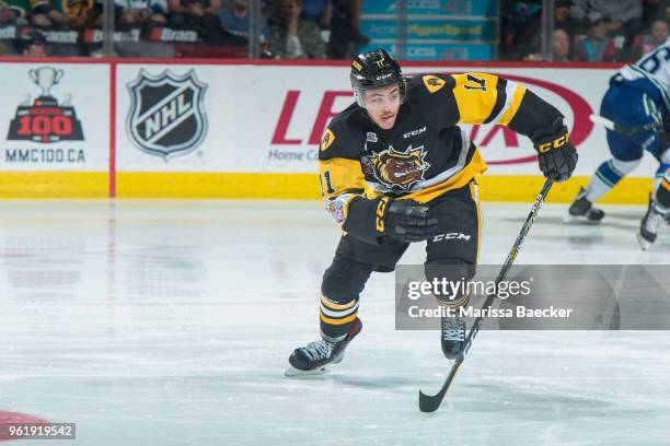 Isaac Nurse of Hamilton Bulldogs skates against the Swift Current Broncos at Brandt Centre - Evraz Place on May 21, 2018 in Regina, Canada.