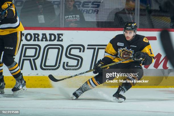 Isaac Nurse of Hamilton Bulldogs stops on the ice against the Swift Current Broncos at Brandt Centre - Evraz Place on May 21, 2018 in Regina, Canada.