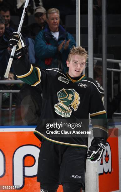 Reid McNeill of the London Knights salutes the crowd upon being named one of the stars in a game against the Peterborough Petes on January 24,2010 at...