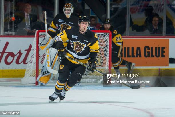 Brandon Saigeon of Hamilton Bulldogs skates against the Swift Current Broncos at Brandt Centre - Evraz Place on May 21, 2018 in Regina, Canada.