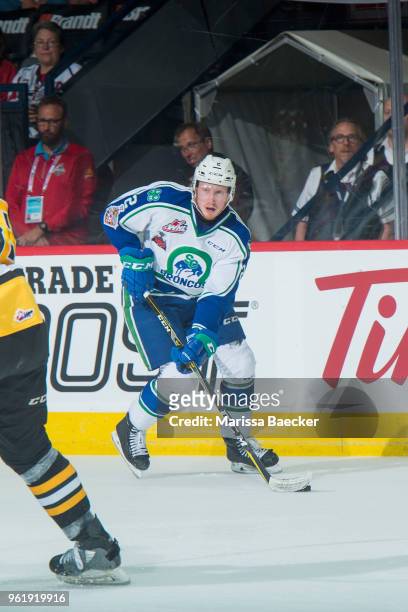 Colby Sissons of Swift Current Broncos skates with the puck against the Hamilton Bulldogs at Brandt Centre - Evraz Place on May 21, 2018 in Regina,...