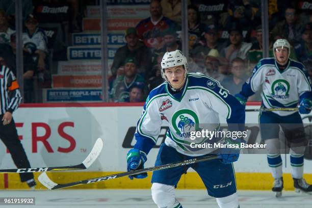 Artyom Minulin of Swift Current Broncos skates against the Hamilton Bulldogs at Brandt Centre - Evraz Place on May 21, 2018 in Regina, Canada.