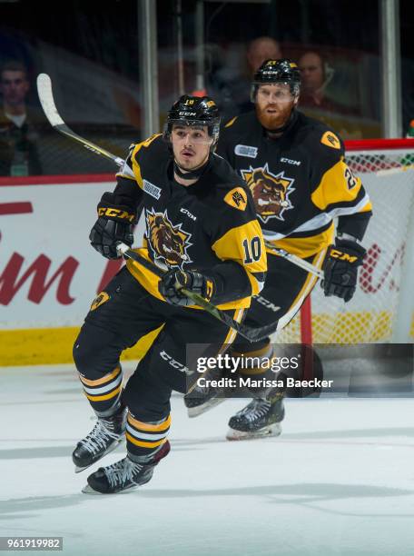 Nicholas Caamano of Hamilton Bulldogs skates against the Swift Current Broncos at Brandt Centre - Evraz Place on May 21, 2018 in Regina, Canada.