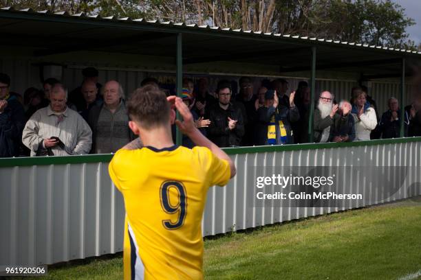 Home fans in the Tin Shed applauding their team from the pitch at Mount Pleasant after Marske United take on Billingham Synthonia in a Northern...