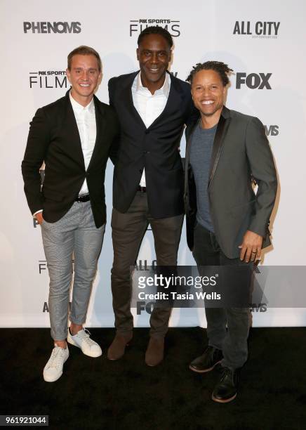 Stuart Holden, Mario Melchiot and Cobi Jones attend the premiere of FOX Sports' "Phenoms" at Pacific Design Center on May 23, 2018 in West Hollywood,...