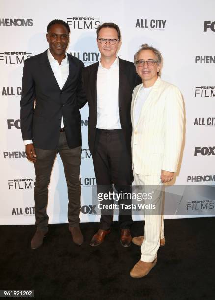 Mario Melchiot, Peter Rice and David Worthen attend the premiere of FOX Sports' "Phenoms" at Pacific Design Center on May 23, 2018 in West Hollywood,...