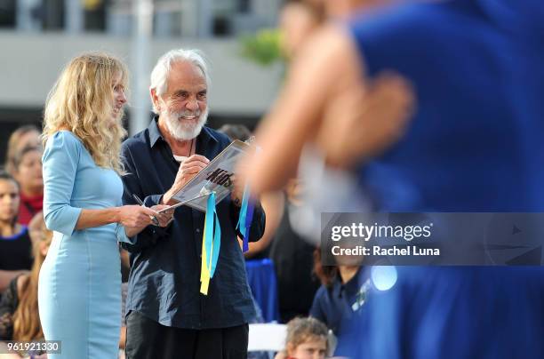 Tommy Chong and wife Shelby Chong share a laugh as they judge the Conga Kids Spring Dance Championship held in Microsoft Square at LA Live on May 23,...