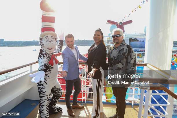 The Cat in the Hat, Jake Elliott, Queen Latifah and Guy Fieri attend Carnival Horizon naming ceremony event at Pier 88 on May 23, 2018 in New York...