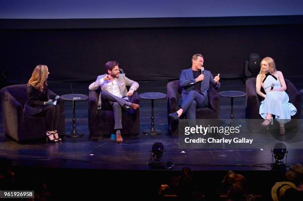 Moderator Rebecca Keegan, actors Daniel Bruhl, Luke Evans, and Dakota Fanning speak onstage at The Alienist - Los Angeles For Your Consideration...