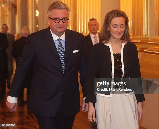 Prince Laurent and Princess Claire from Belgium assist the New Year reception at Royal Palace on January 26, 2010 in Brussel, Belgium.