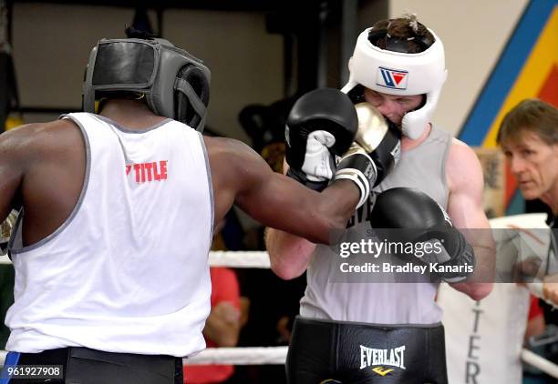 Ray Robinson connects with a punch against Jeff Horn during a sparring session at Stretton Boxing Club on May 24, 2018 in Brisbane, Australia.