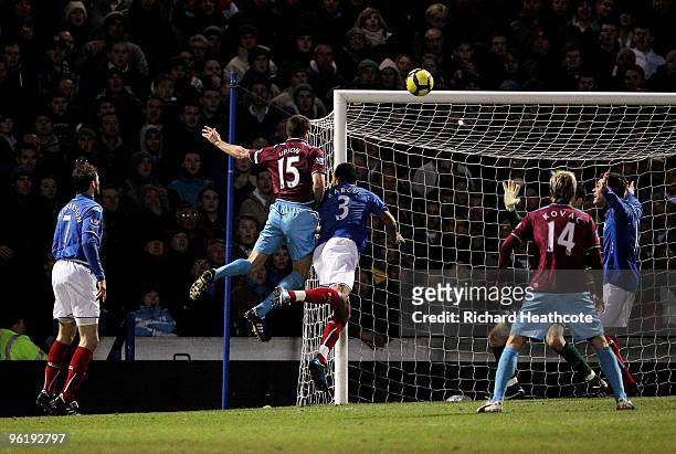 Matthew Upson scores the first goal for West Ham during the Barclays Premier League match between Portsmouth and West Ham United at Fratton Park on...