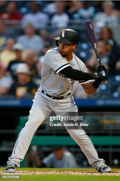 Leury Garcia of the Chicago White Sox in action during inter-league play against the Pittsburgh Pirates at PNC Park on May 15, 2018 in Pittsburgh,...