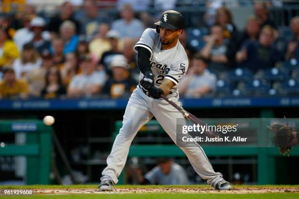 Leury Garcia of the Chicago White Sox in action during inter-league play against the Pittsburgh Pirates at PNC Park on May 15, 2018 in Pittsburgh,...