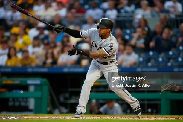 Leury Garcia of the Chicago White Sox in action during inter-league play against the Pittsburgh Pirates at PNC Park on May 15, 2018 in Pittsburgh,...