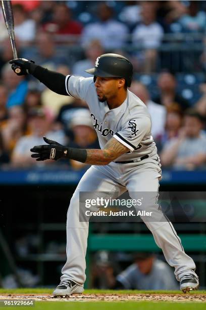 Leury Garcia of the Chicago White Sox in action during inter-league play against the Pittsburgh Pirates at PNC Park on May 15, 2018 in Pittsburgh,...