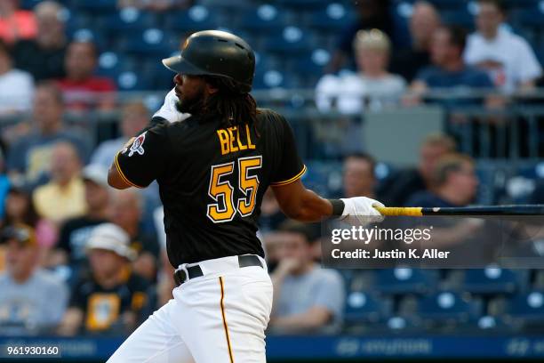 Josh Bell of the Pittsburgh Pirates in action during inter-league play against the Chicago White Sox at PNC Park on May 15, 2018 in Pittsburgh,...