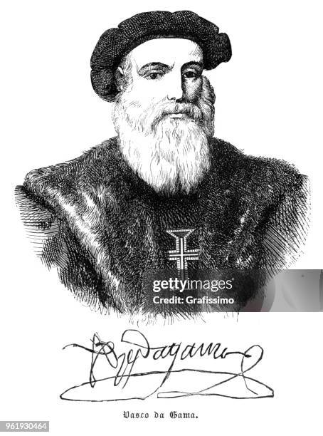 explorer vasco da gama with signature portrait illustration 1882 - vasco da gama stock illustrations