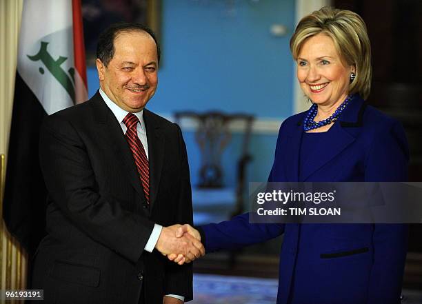 Secretary of State Hillary Clinton greets Iraqi Kurdistan Regional Government President Massud Barzani before their meeting on January 26, 2010 at...