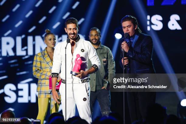 Carlinhos Maia and Whindersson Nunes receives an award during the MTV MIAW 2018 at Citibank Hall on May 23, 2018 in Sao Paulo, Brazil.