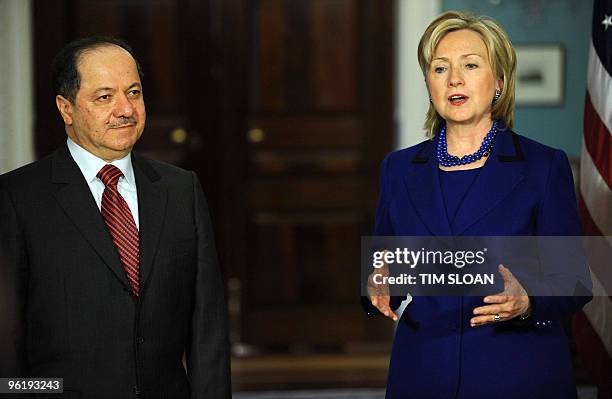Secretary of State Hillary Clinton makes remarks with Iraqi Kurdistan Regional Government President Massud Barzani before their meeting on January...